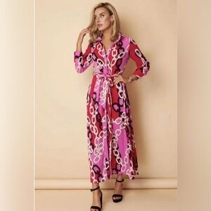 Zara multicolored chain print shirt dress with a matching belt and gold buckle